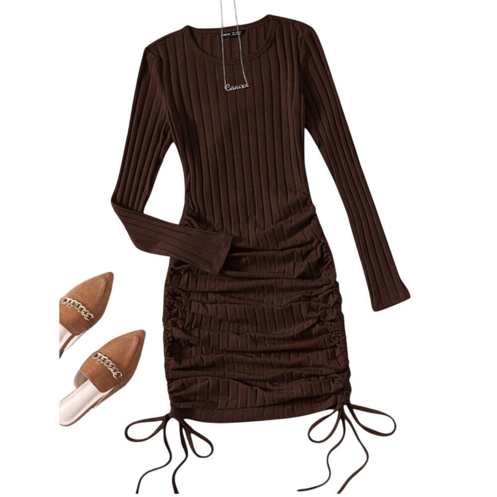 Drawstring Ruched Side Bodycon Dress in Brown, Size XS​